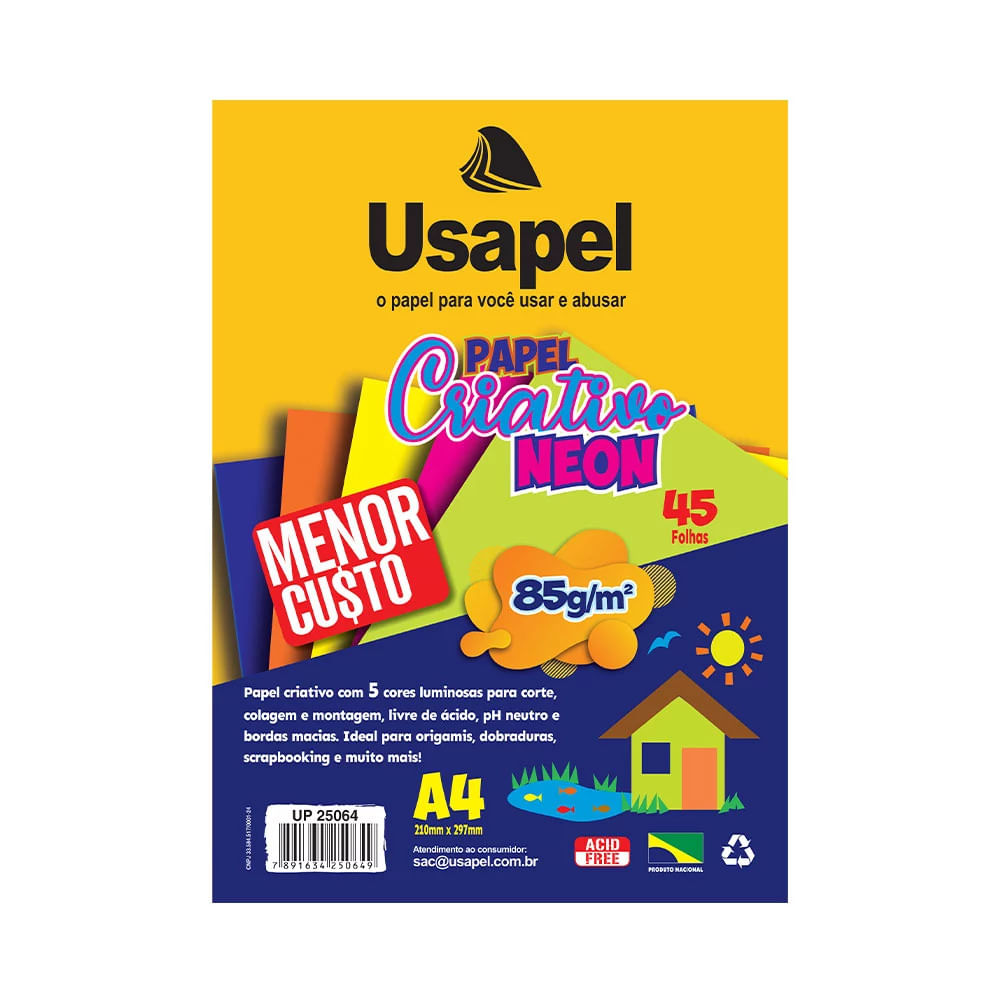 Bloco Criativo Usapel Neon A4 com 45 Folhas em 5 Cores 210x297mm 85g