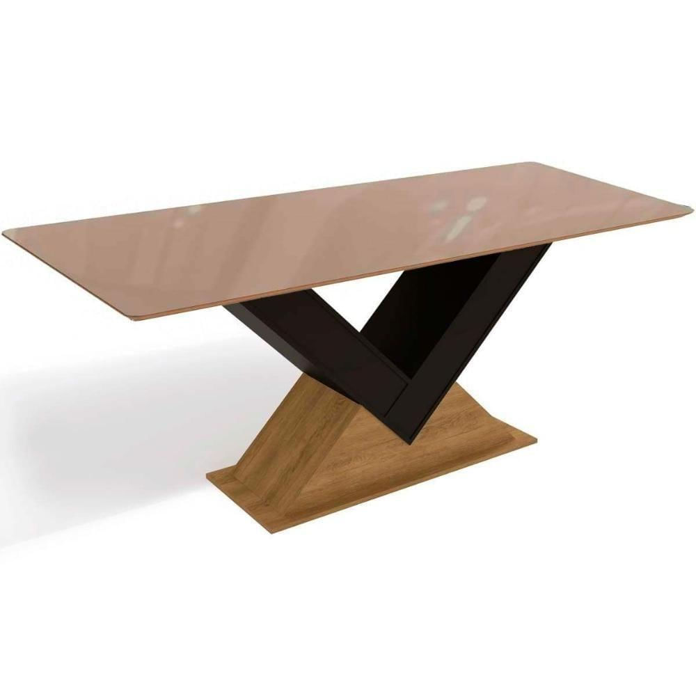 Mesa Para Cozinha Amora Com Tampo Madeirado Com Vidro 90x180cm Freijo Preto Fosco Vidro Bronze Kappesberg