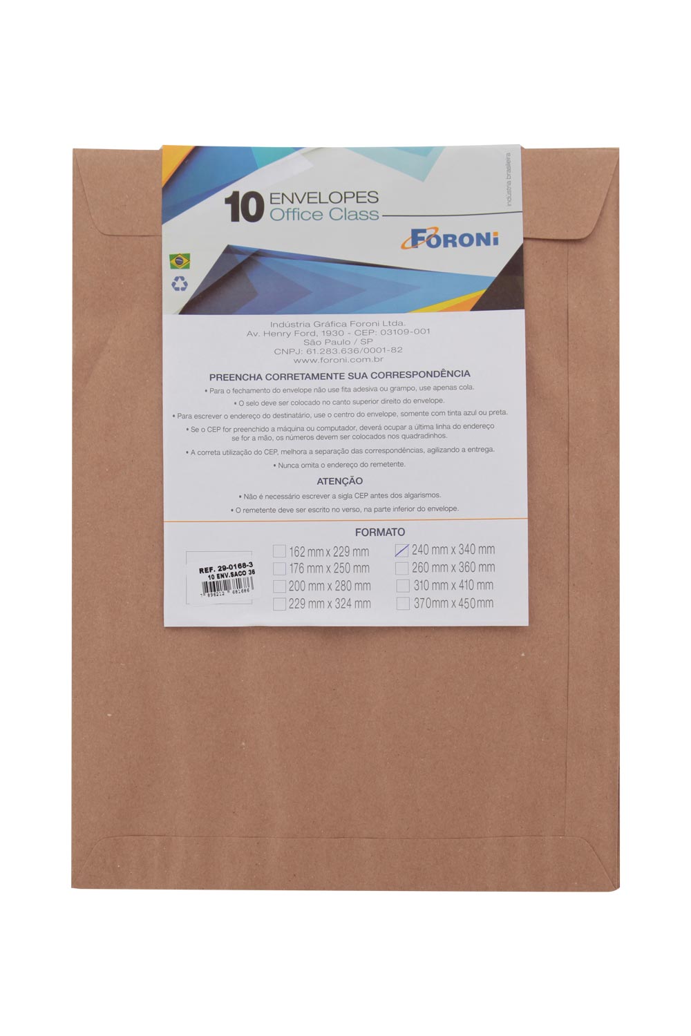 Envelope Saco Foroni Kraft Natural 240x340mm com 10 Unidades