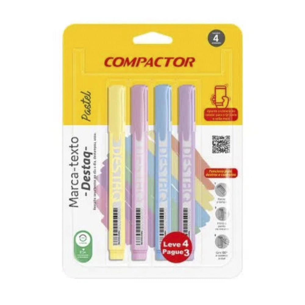 Marcador de Texto Destaq Ponta Chanfrada 1mm-4mm com 04 Cores Pastel