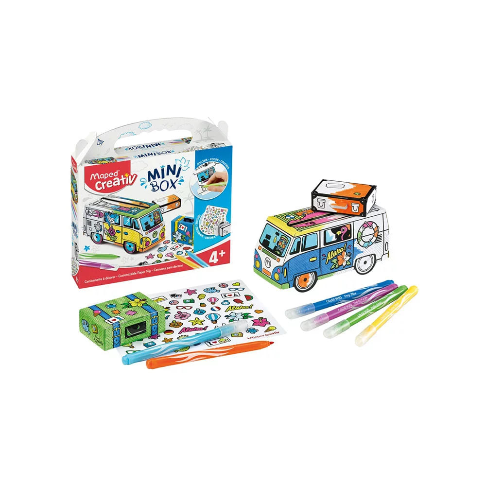 Kit Creativ Maped Mini Box Carro Colorir e Montar com 6 Hidrocores e 1 Cartela de Adesivos