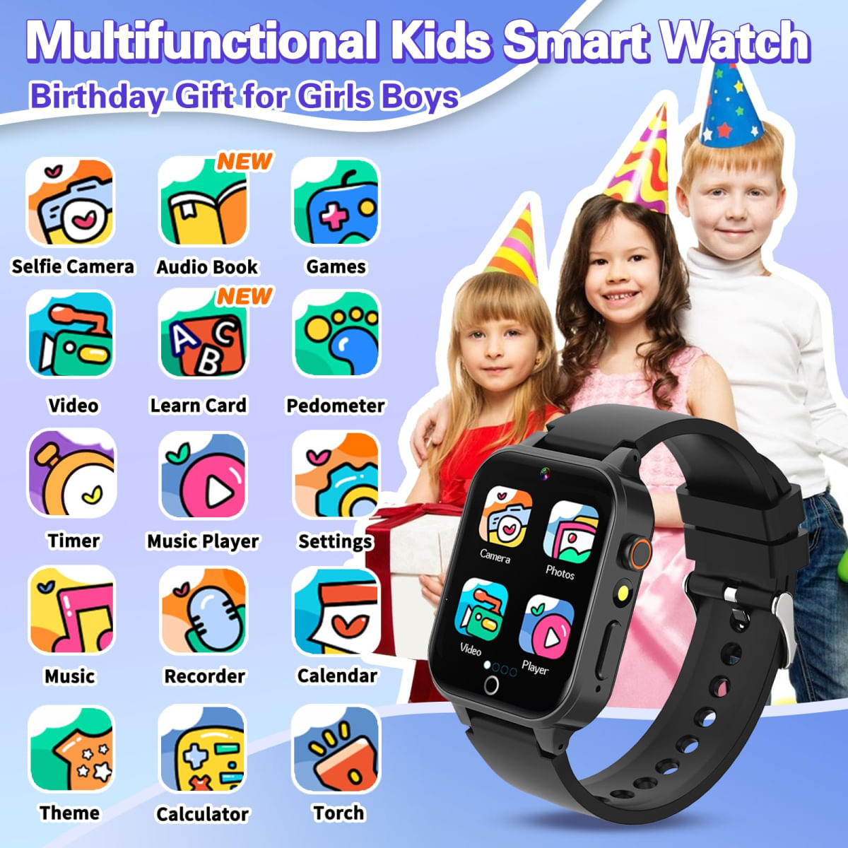 Relógio Inteligente Infantil com 26 Jogos, Tela Touch, Câmera, Pedomêtro