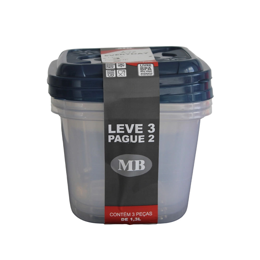 Conjunto de Potes Plásticos Mb Everyday com 3 Peças 1,3L - Item Sortido