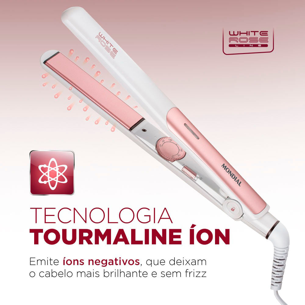 Chapinha Prancha Alisadora Mondial P-50 Cerâmica 200°C Branca e Rosé - Bivolt