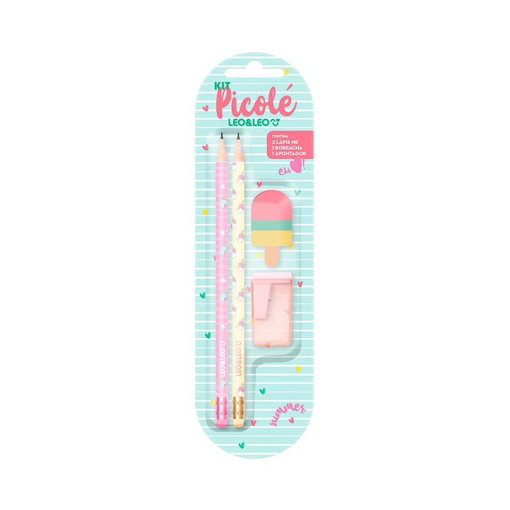 Kit Escrita Leonora Picolé 2 Lápis Grafites HB Nº2, 1 Borracha e 1 Apontador
