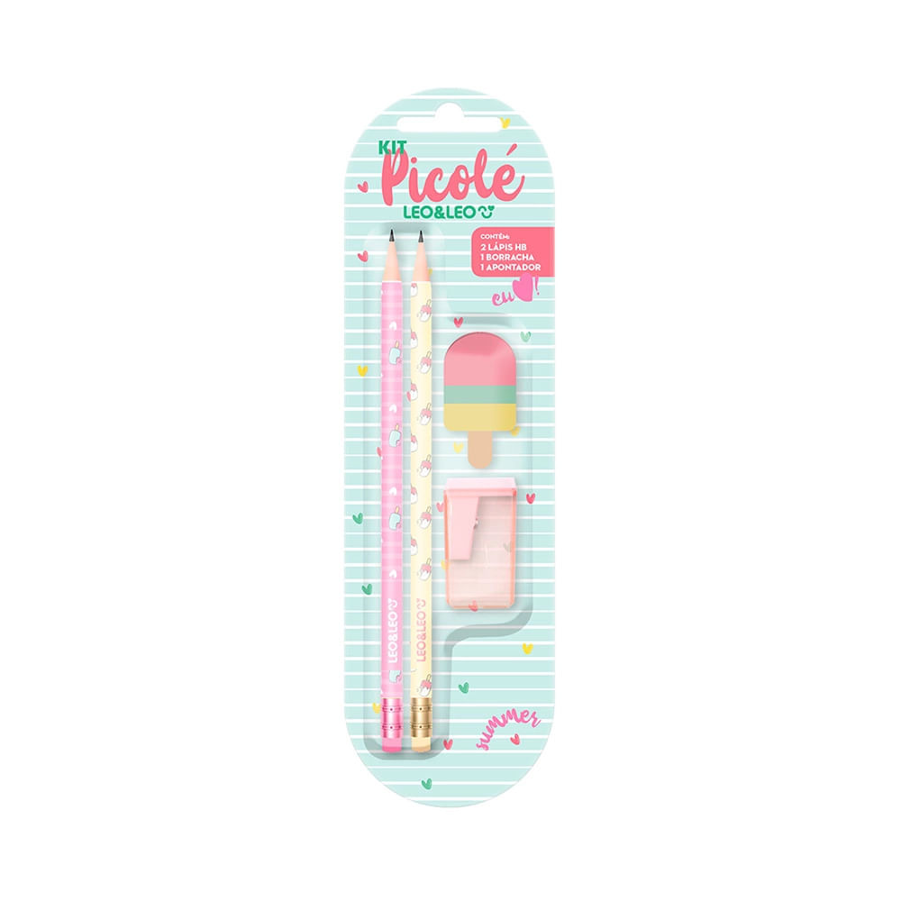 Kit Escrita Leonora Picolé 2 Lápis Grafites HB Nº2, 1 Borracha e 1 Apontador