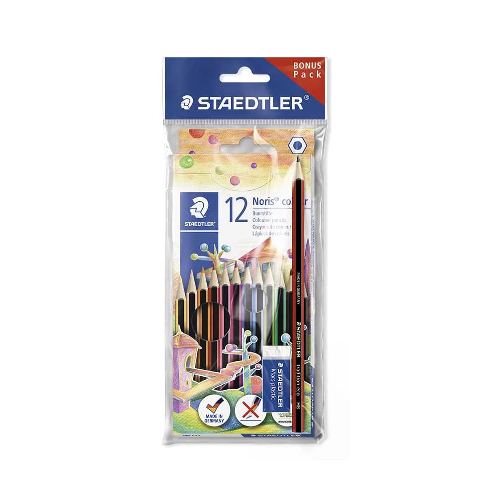 Kit Escolar Staedtler com Lápis de Cor Madeira 12 Cores e Borracha Basic