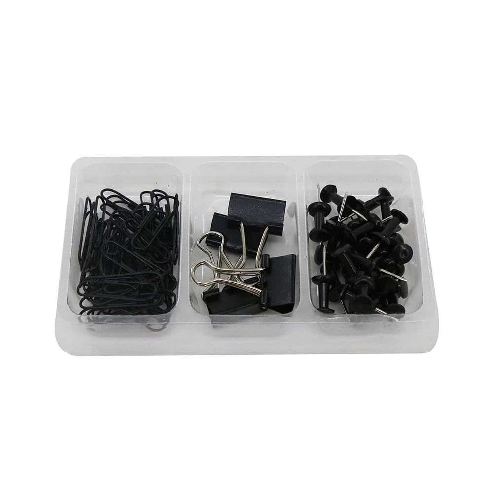 Kit Office Le Black com Binder Clip 19mm, Clip 28mm e Pinos de Pressão 79 Peças