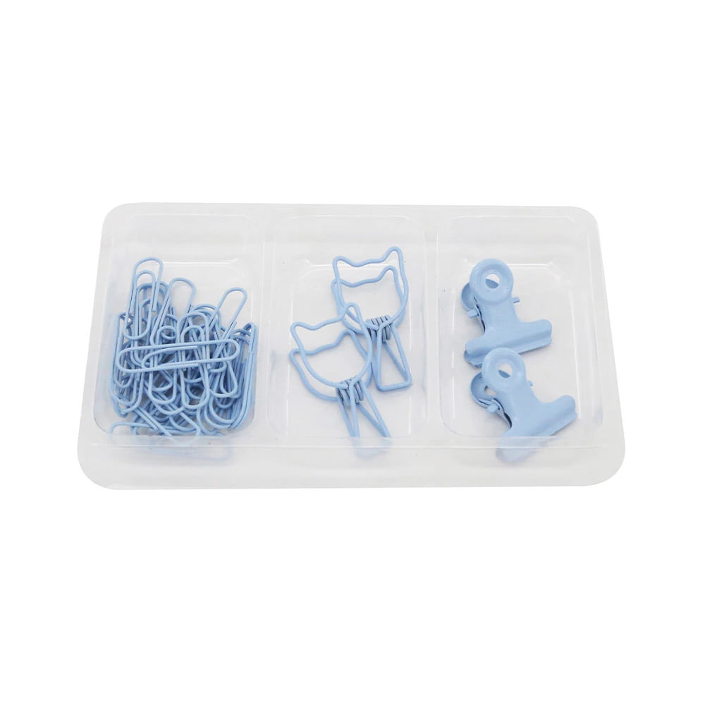 Kit Office Le Blue com Binder Clip Cat 33mm, Binder Clip 22mm e Clip Paper 28mm 34 Peças