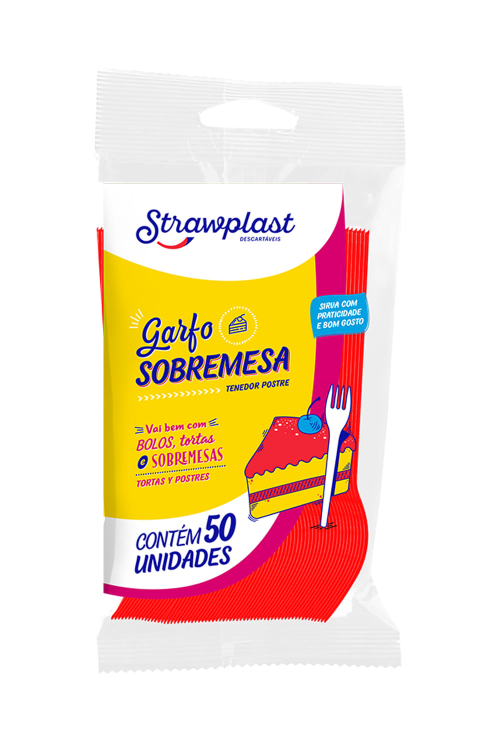 Garfo Strawplast para Sobremesa com 50 Unidades Vermelho