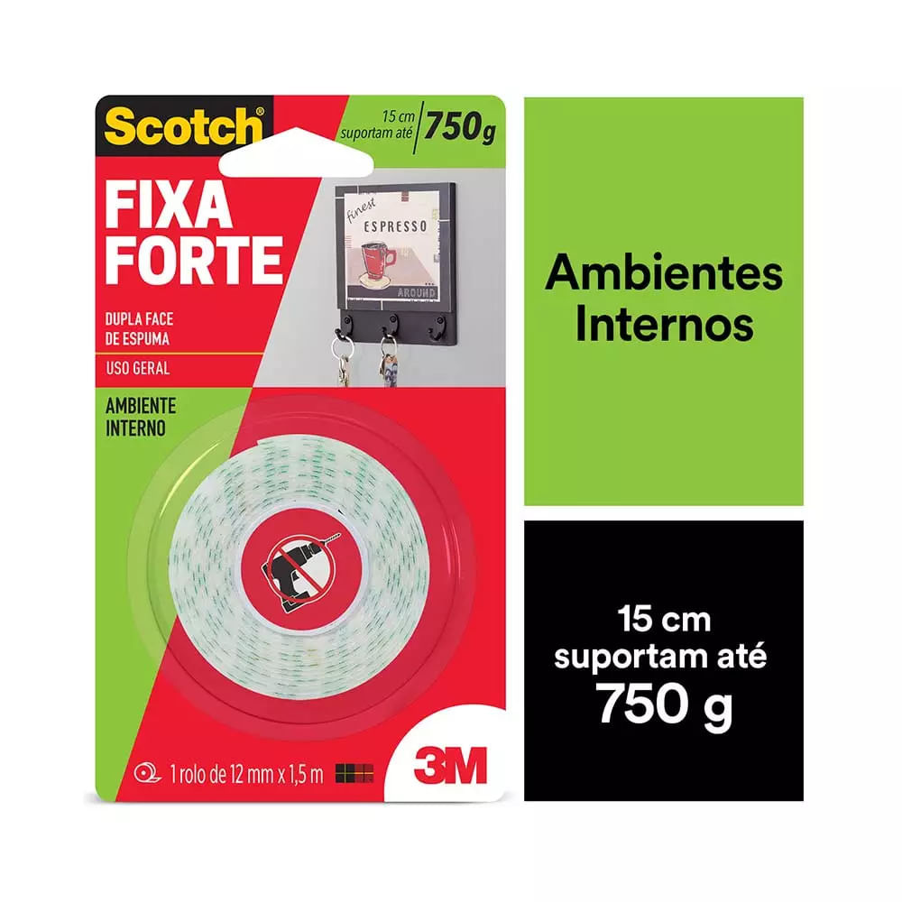 Fita Adesiva Dupla Face Scotch 3M com Espuma Uso Interno 12mmx1,5m