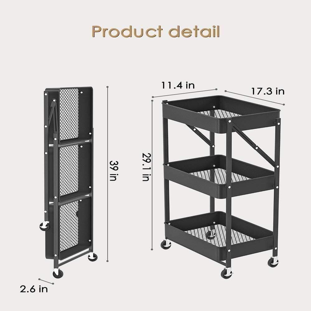 Carrinho Multiuso Organizador 3 Prateleiras Dobravel Em Aço Preta Quarto Sala Brinquedos Salao Manicure Varanda