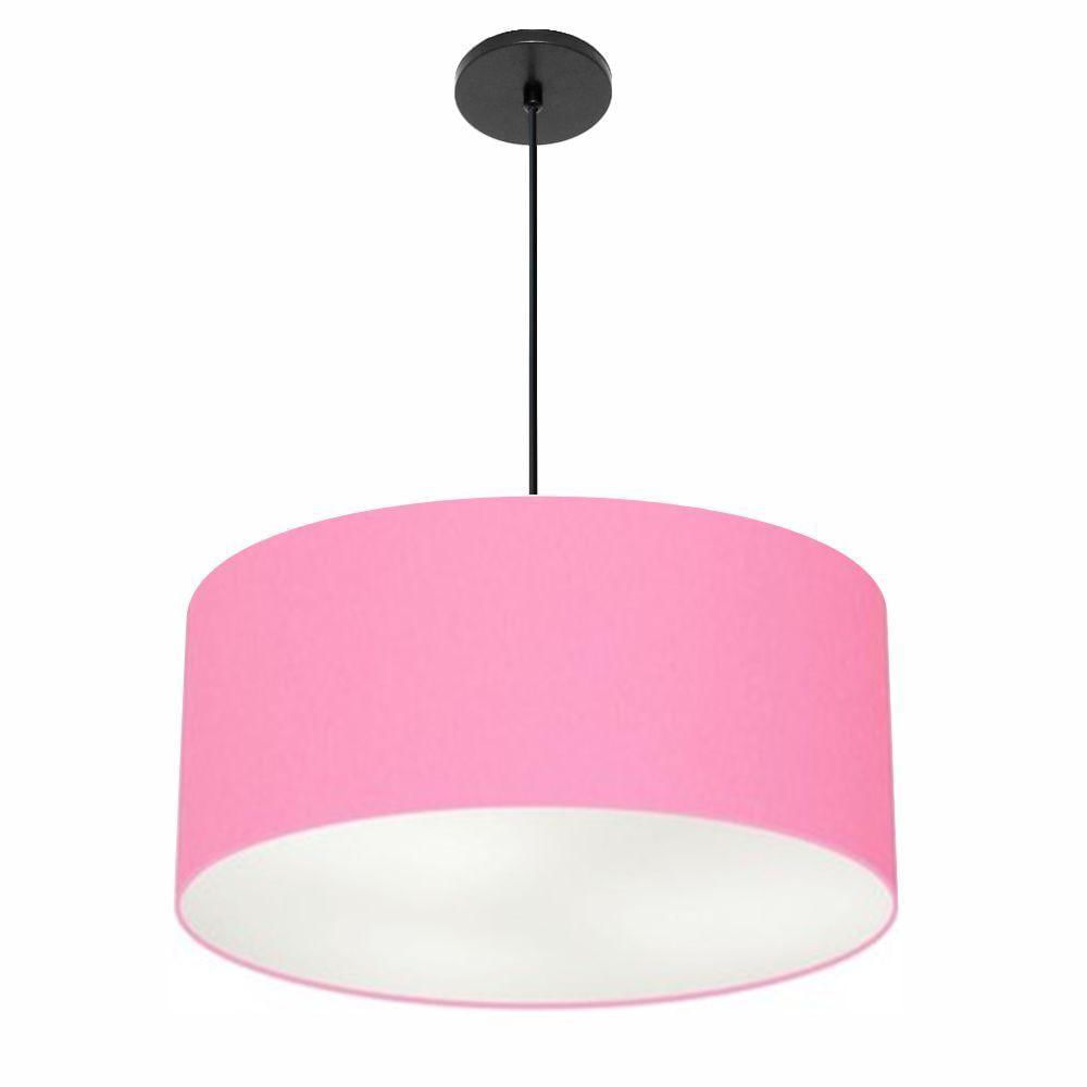 Pendente Cilíndrico Vivare Free Lux Md-4386 Cúpula Em Tecido Rosa-bebê Da Canopla Canopla Preta E Fio Preto