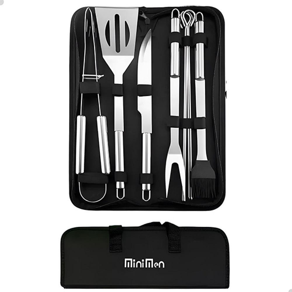 Kit Completo De Churrasco 9 Peças Em Aço Inox Com Bolsa Preta Para Churrasqueiro