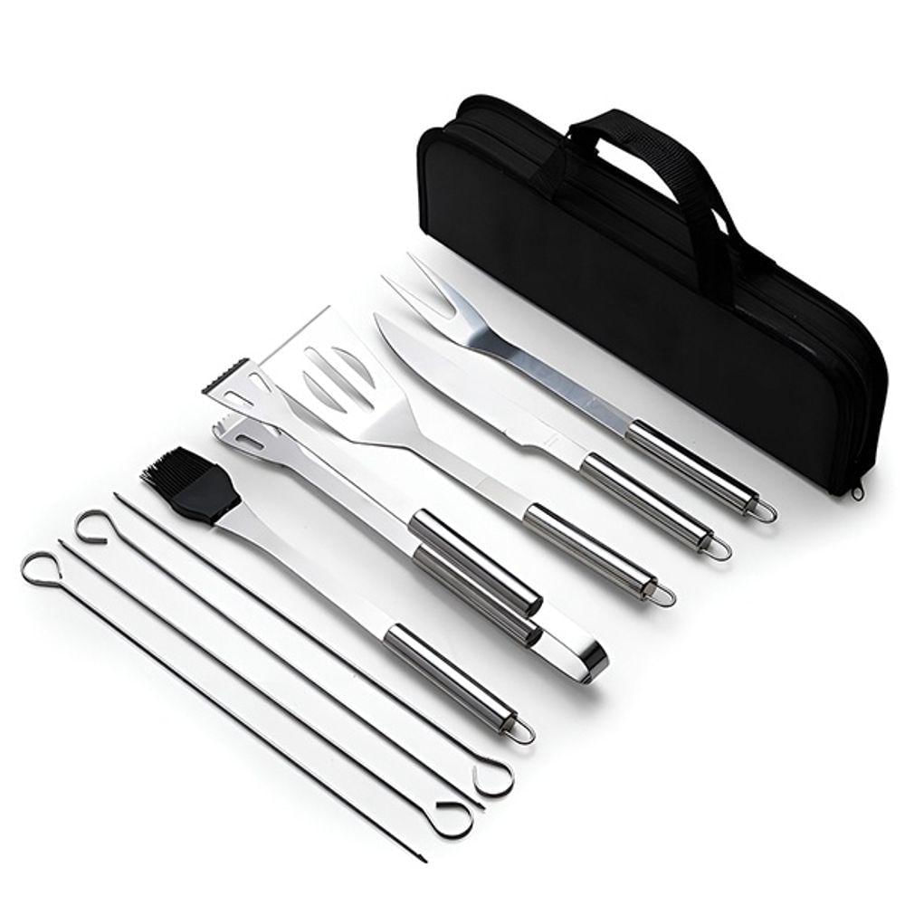 Kit Completo De Churrasco 9 Peças Em Aço Inox Com Bolsa Preta Para Churrasqueiro