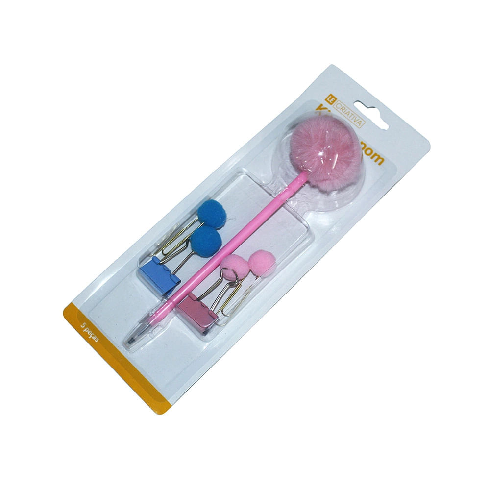 Kit Gift Le Office Pompom 1 Caneta Fine Line, 2 Binders Clips 25mm e 2 Clips 50mm