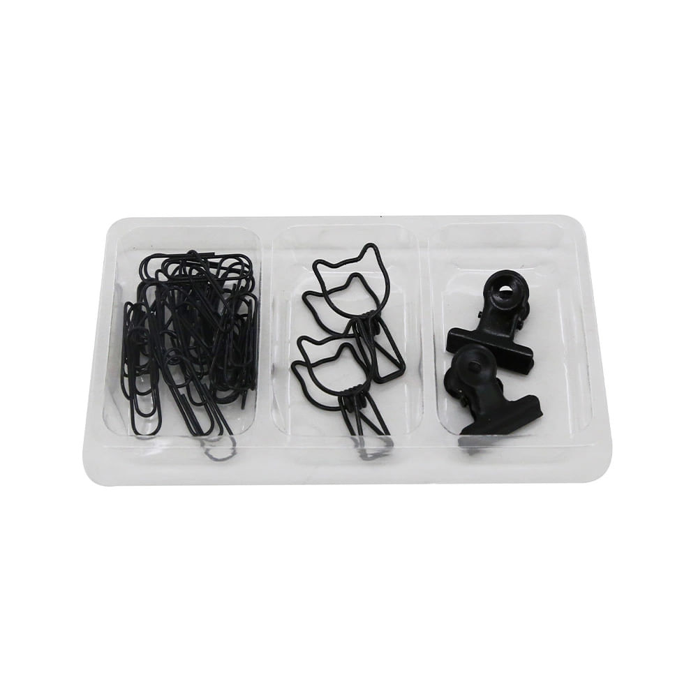 Kit Office Le Black com Binder Clip Cat 33mm, Binder Clip 22mm e Clip Paper 28mm 34 Peças