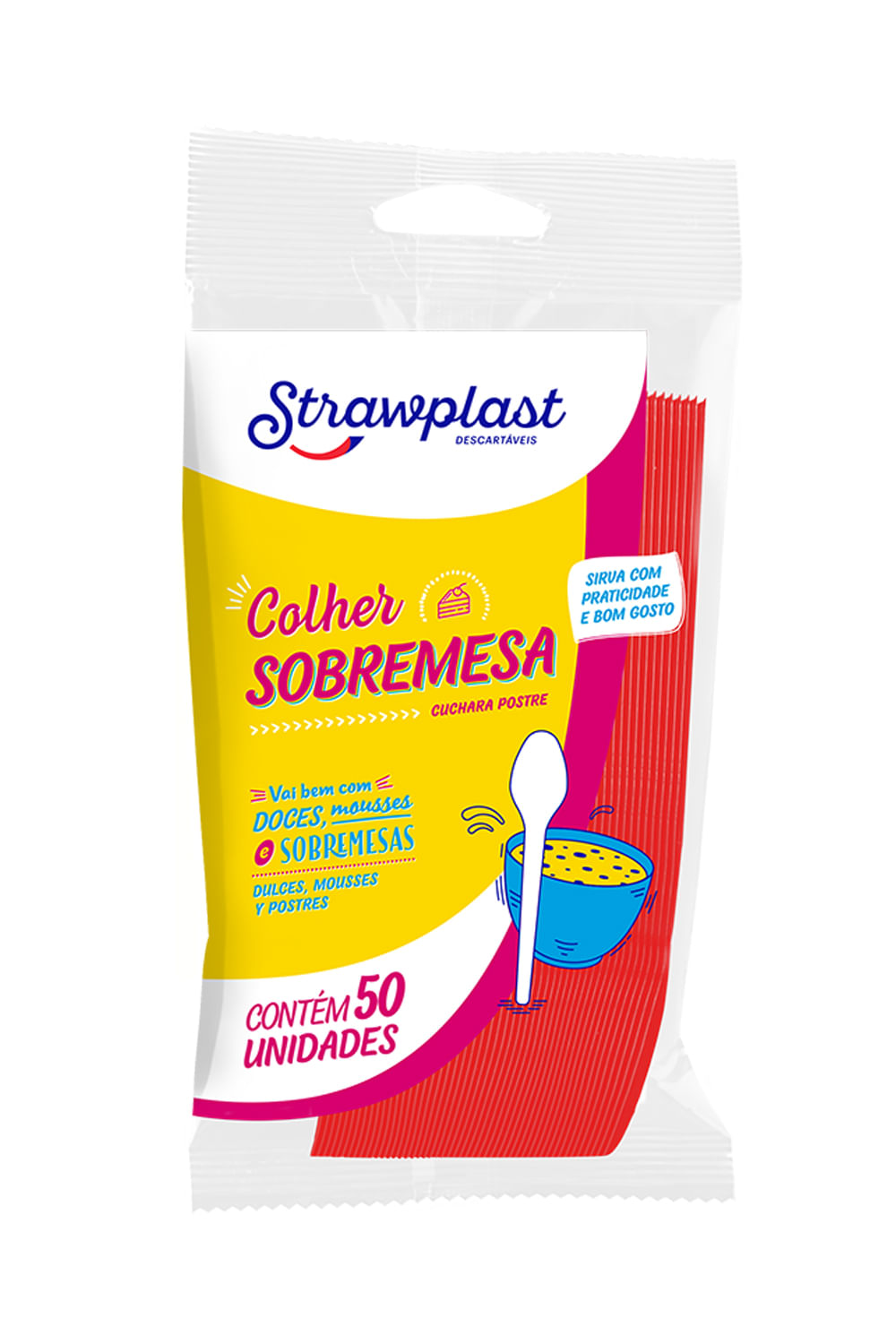 Colher Strawplast para Sobremesa com 50 Unidades Vermelha