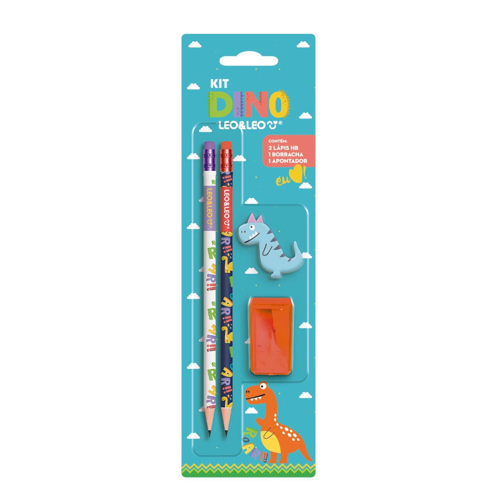 Kit Escrita Leonora Dino com 2 Lápis Grafite HB Nº 2 + Borracha + Apontador