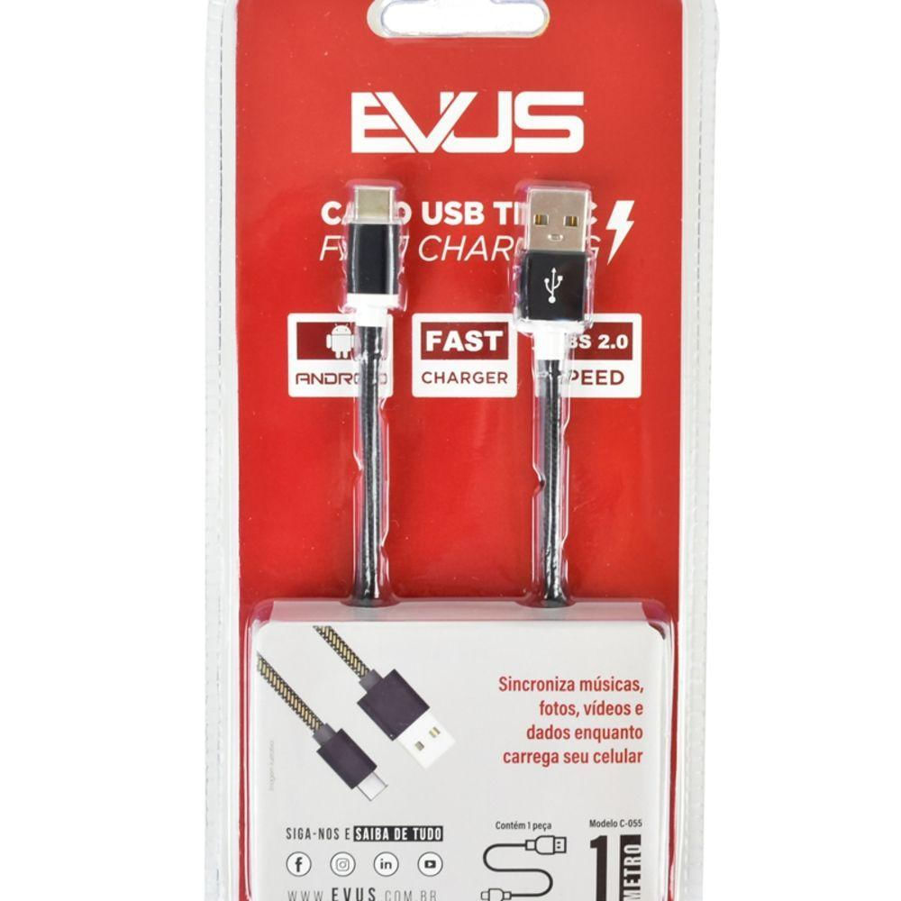 Cabo Usb Evus C-055 Fast Charge Tipo C Preto 1,0m