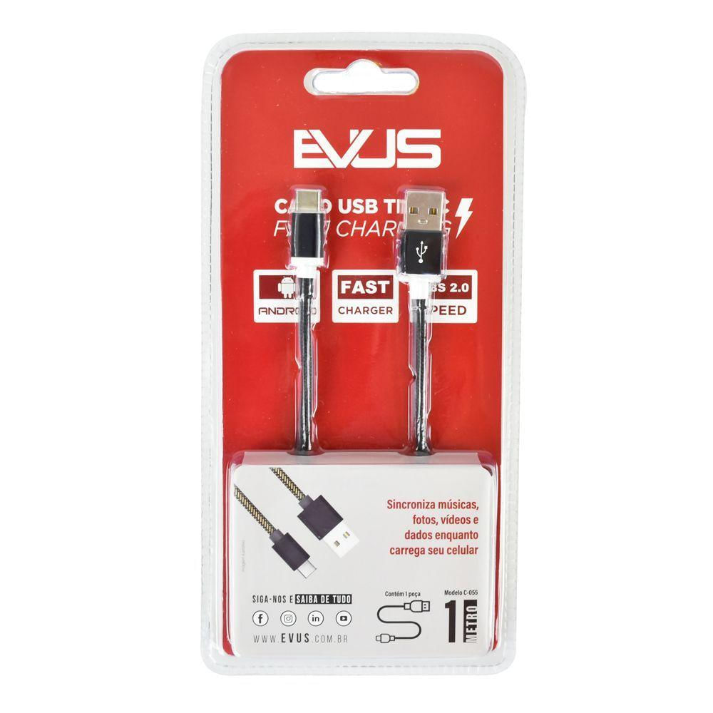 Cabo Usb Evus C-055 Fast Charge Tipo C Preto 1,0m