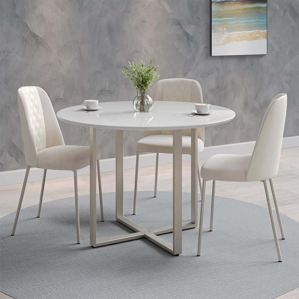 Mesa de Jantar Redonda com Tampo de Vidro Arcadia Off White e Champagne 108 cm