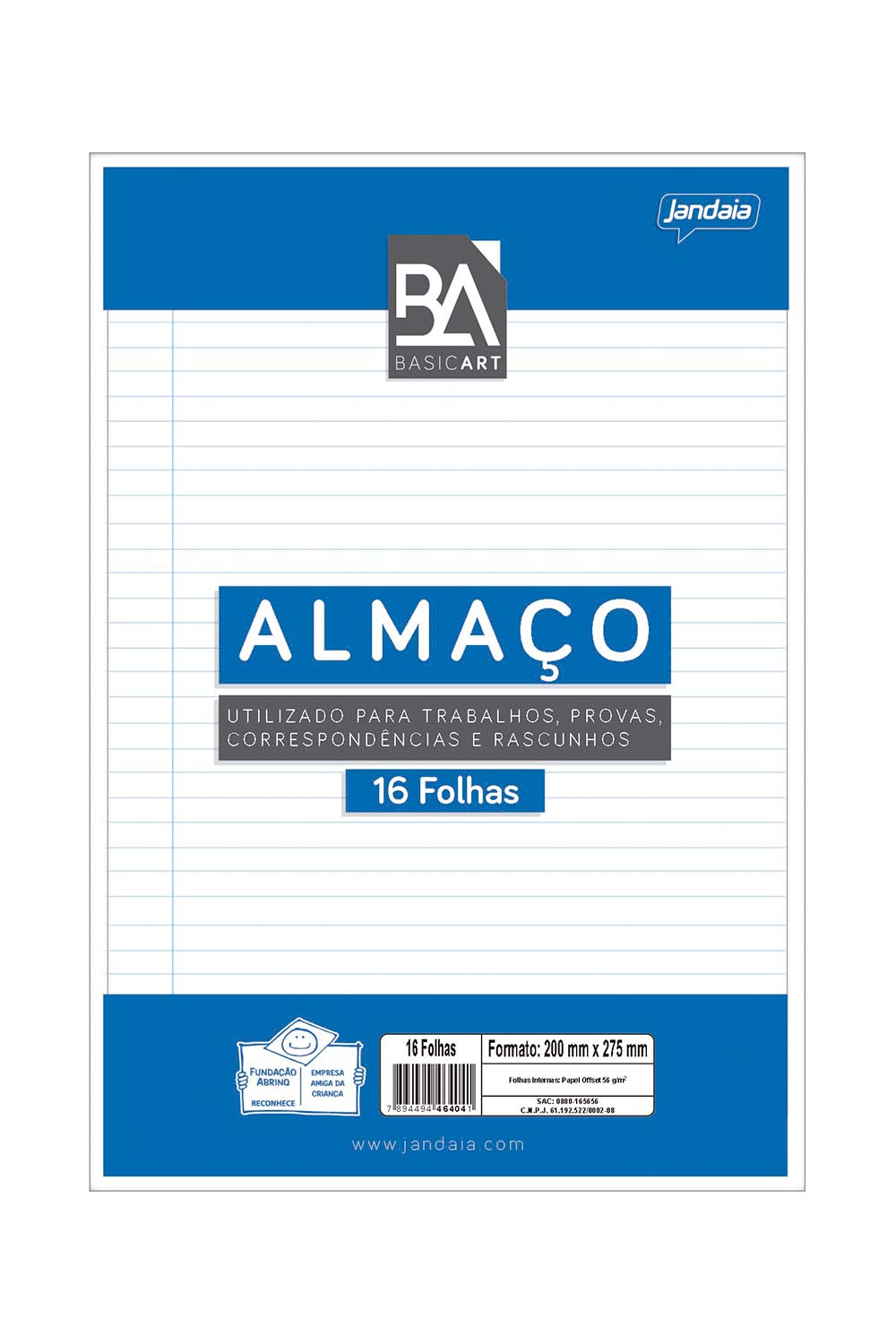 Papel Almaço Pautado Jandaia com Margem 16 Folhas 200x275mm