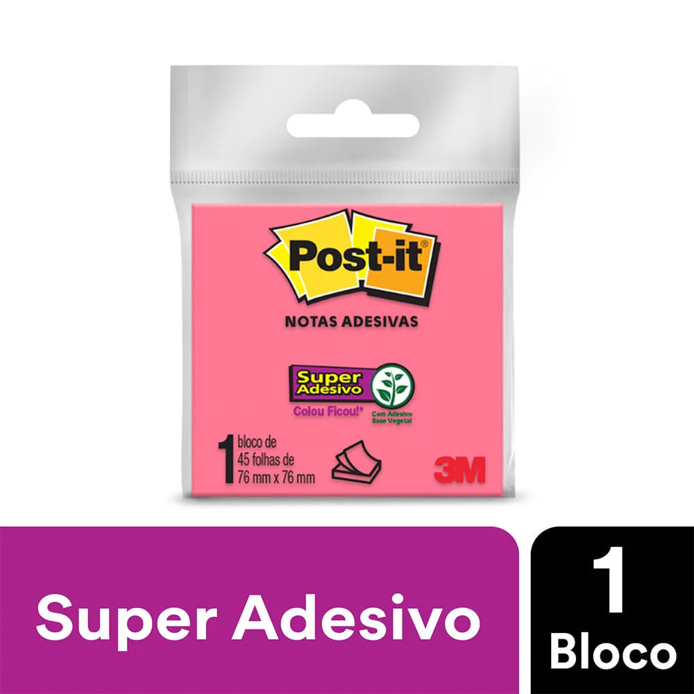 Bloco Adesivo Post It 3M Rosa 76x76mm 45 Folhas