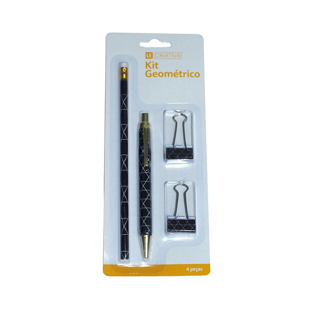 Kit Gift Le Office Geometric 1 Lápis Grafite, 1 Caneta Fine e 2 Binders Clips 25mm