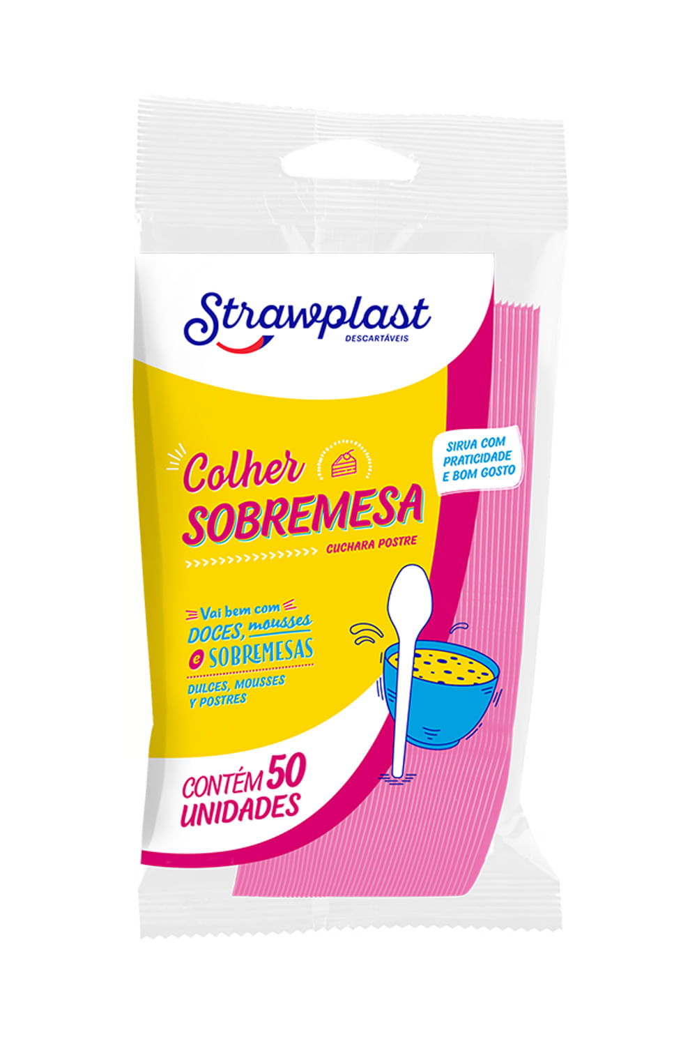 Colher Strawplast para Sobremesa com 50 Unidades Rosa