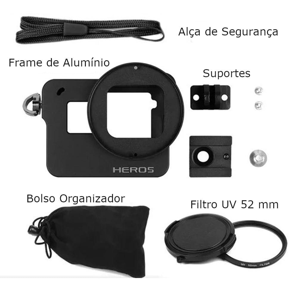 Frame em Alumínio Gopro Hero 5 Black + Lente UV