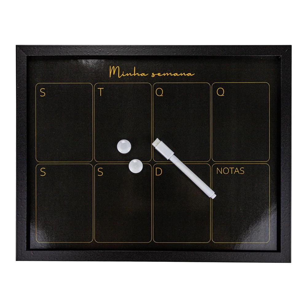 Quadro Magnético Visão Semanal com Cortiça Marcador e Alfinetes Preto 38x30cm