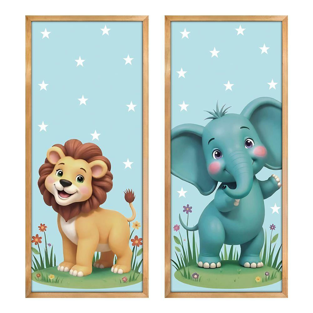 Kit 2 Quadros 25x60 Infantil Safari Estrelado Moldura Mel