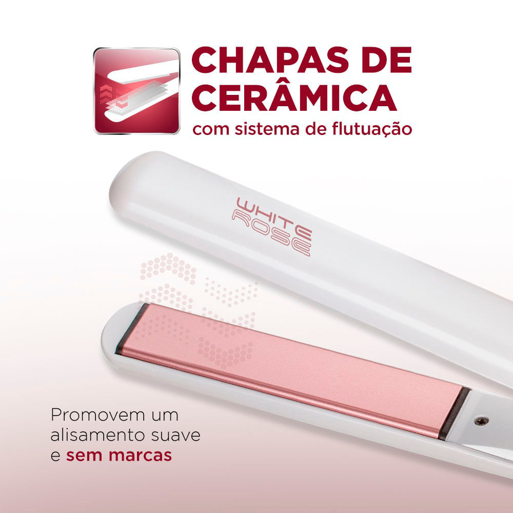 Chapinha Prancha Alisadora Mondial P-50 Cerâmica 200°C Branca e Rosé - Bivolt