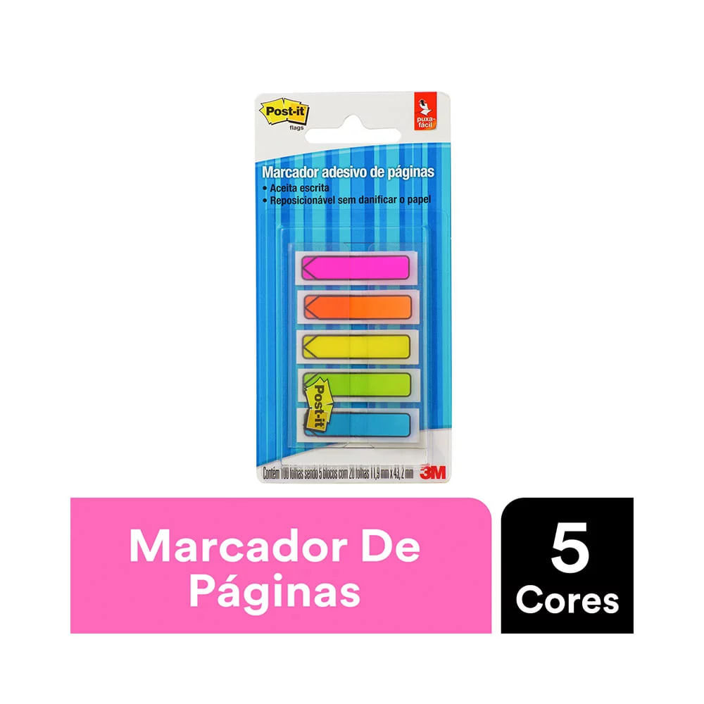 Bloco Adesivo Post It 3M Flag com 11,9x43,2mm com 5 Unidades 100 Folhas