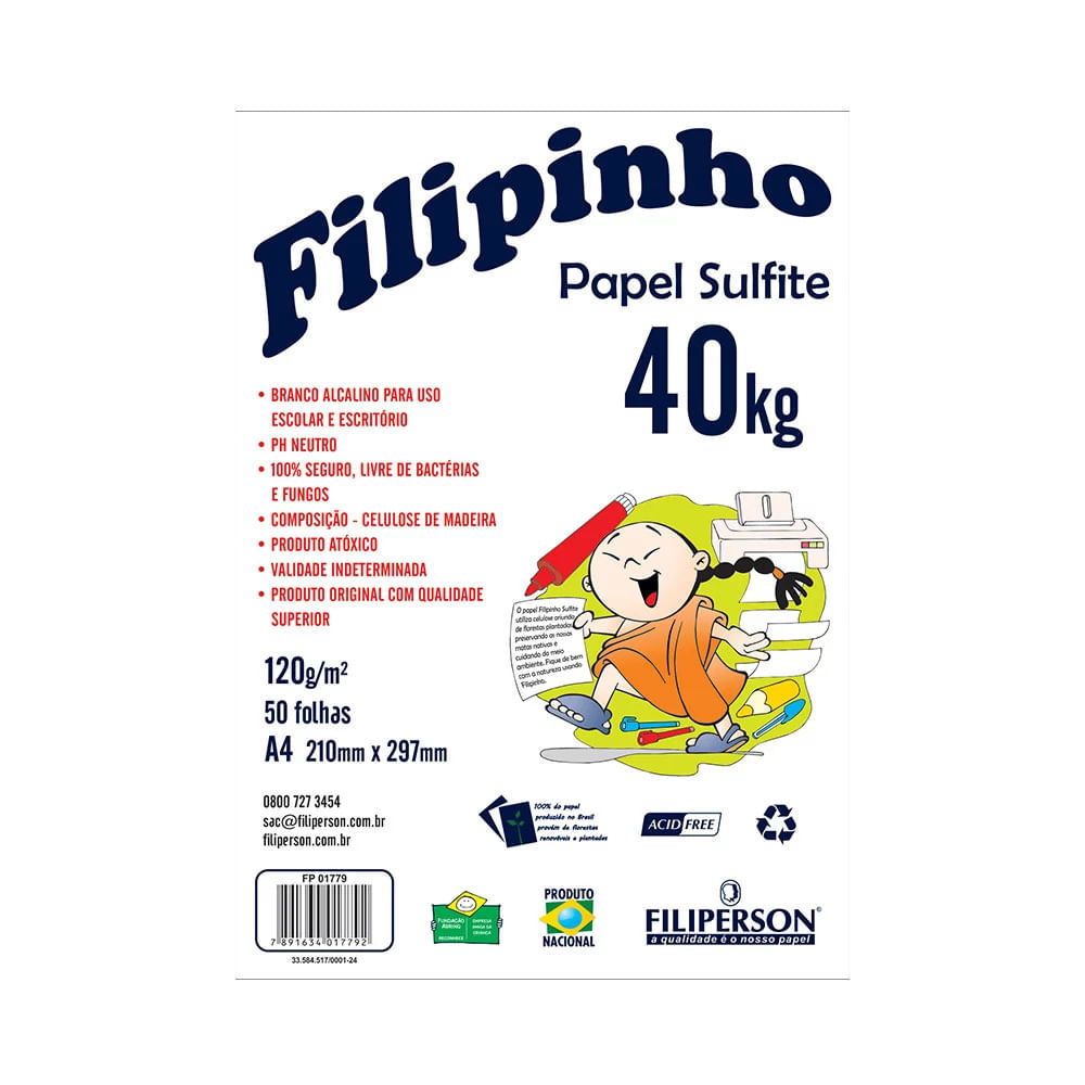 Papel Sulfite Filipinho A4 Branco 120g com 50 Folhas