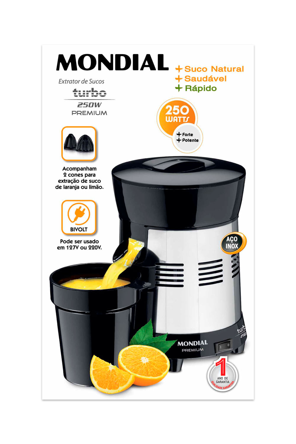 Extrator de Frutas Mondial Premium Turbo E-10 1,0L Preto 250W - Bivolt