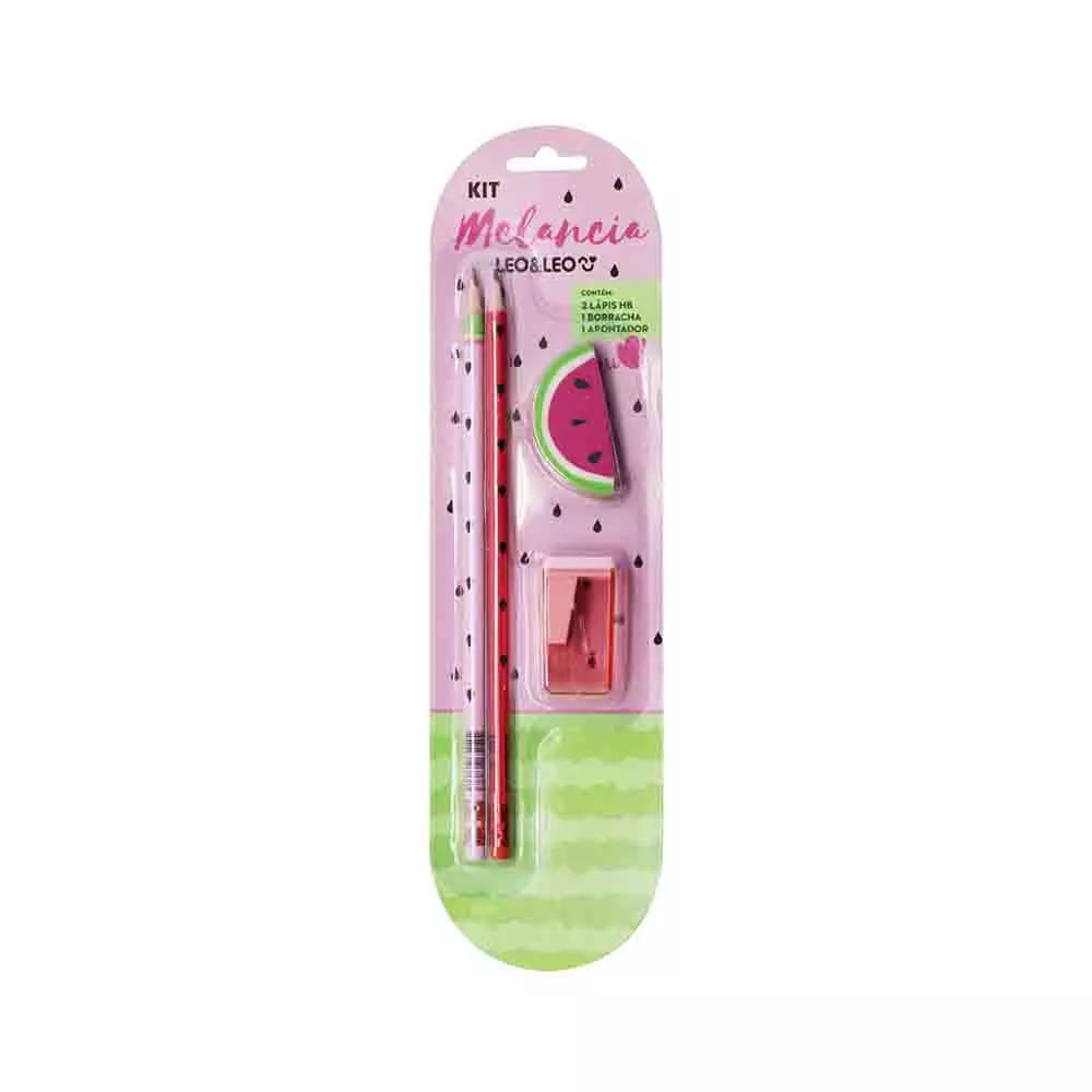 Kit Escrita Leonora Melancia 2 Lápis Grafites HB Nº2, 1 Borracha e 1 Apontador