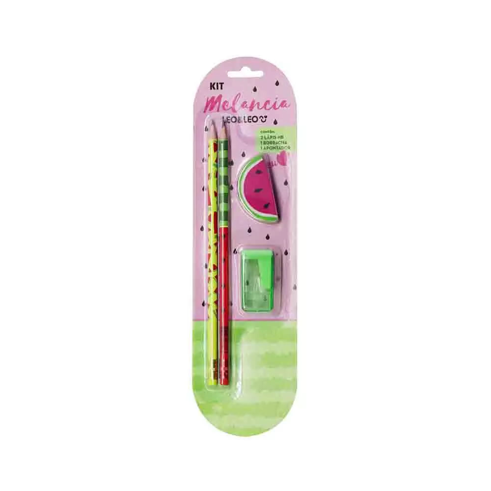 Kit Escrita Leonora Melancia 2 Lápis Grafites HB Nº2, 1 Borracha e 1 Apontador
