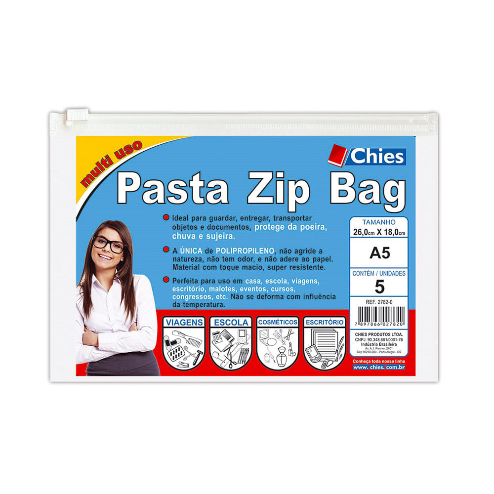 Pasta Zip Bag Chies A5 com 05 Unidades Cristal 26x18cm