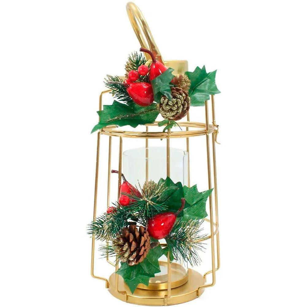 Luminária Lamparina Natal Dourada Em Metal Decorativa 36cm