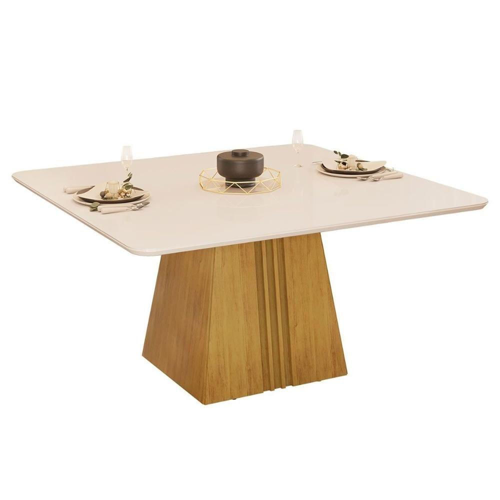 Mesa Para Cozinha Itália Com Tampo Madeirado Com Vidro Curvo 136x136cm Cedro Off White Dj Móveis