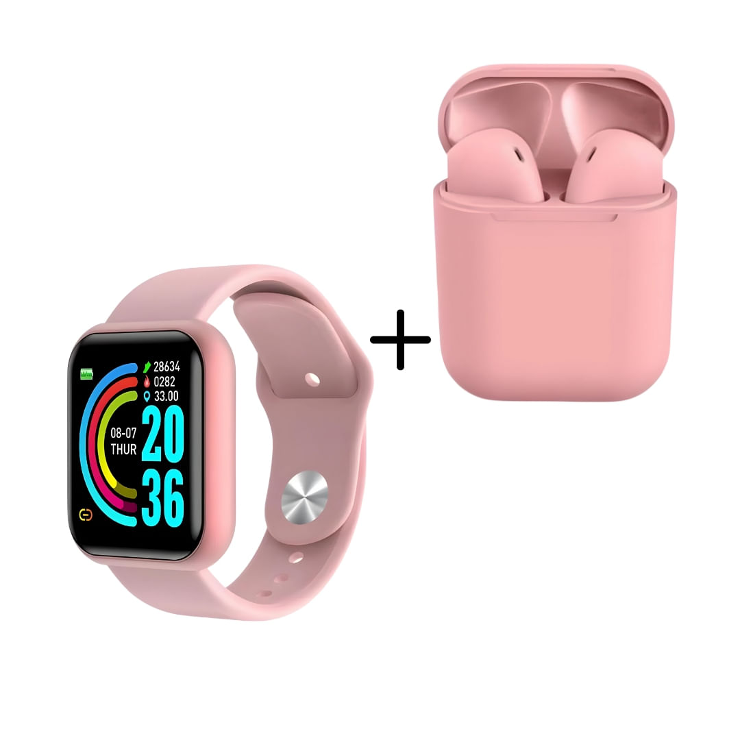 Kit Smartwatch D20 Pro e Fone Inpods I12 Bluetoorth Rosa