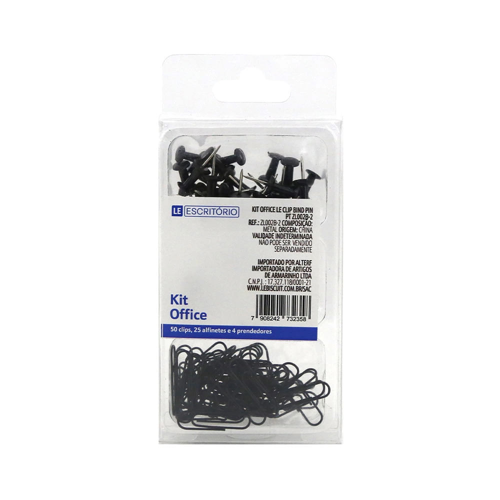 Kit Office Le Black com Binder Clip 19mm, Clip 28mm e Pinos de Pressão 79 Peças