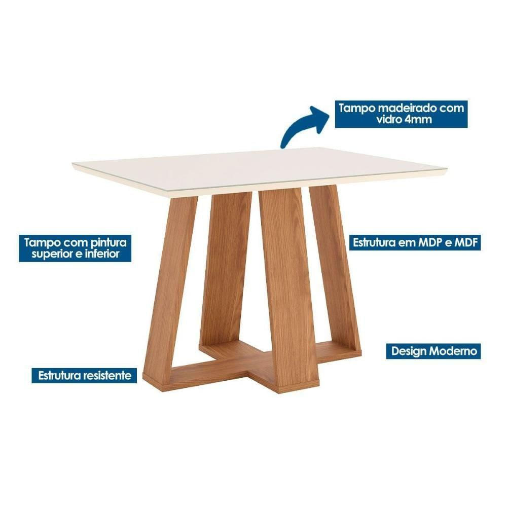 Conjunto Mesa De Cozinha Lins Sc91 Tampo Madeirado Com Vidro Canto Reto 120x80cm E 6 Cadeiras Isa Nature Linho Henn