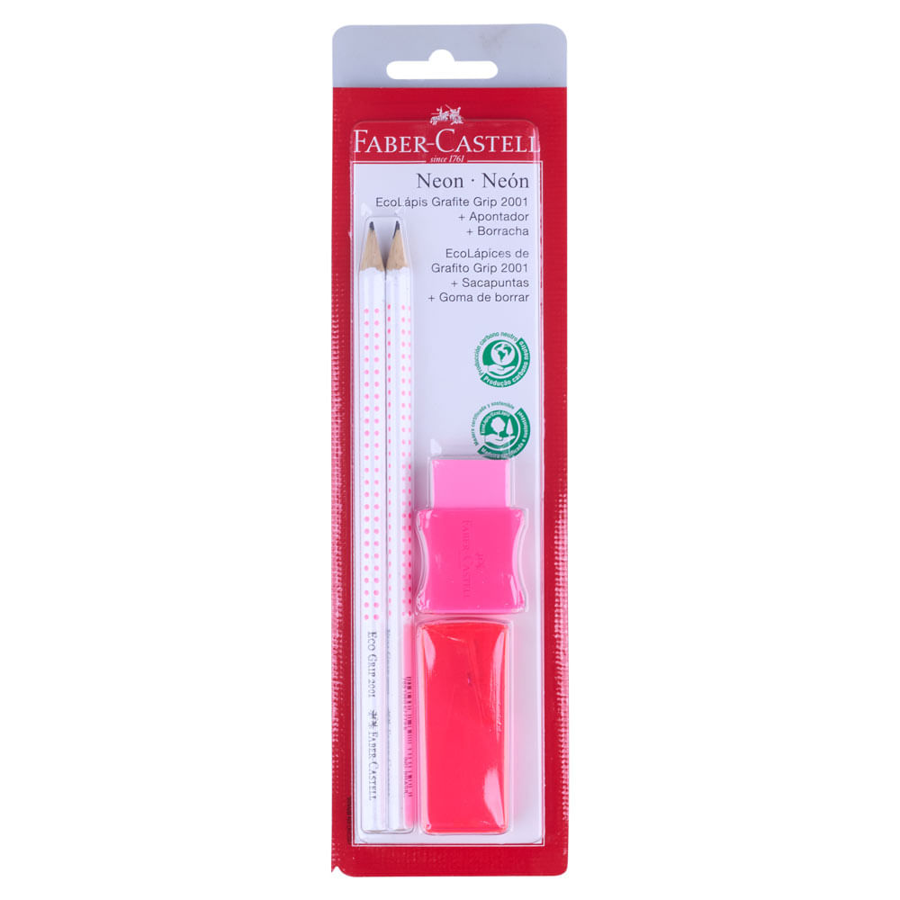 Kit Escolar Faber-Castell Ecolápis Grip Rosa Neon Colors com 1 Lápis HB + 1 Borracha + 1 Apontador