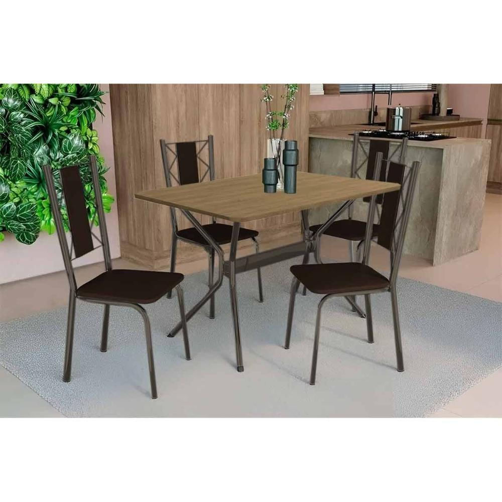 Conjunto Mesa De Cozinha Loire Tampo Madeirado 90x160cm E 4 Cadeiras Lisboa Bronze Freijó Marrom Kappesberg