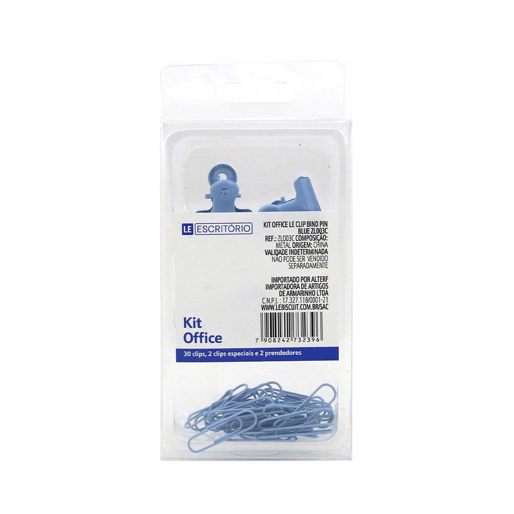 Kit Office Le Blue com Binder Clip Cat 33mm, Binder Clip 22mm e Clip Paper 28mm 34 Peças