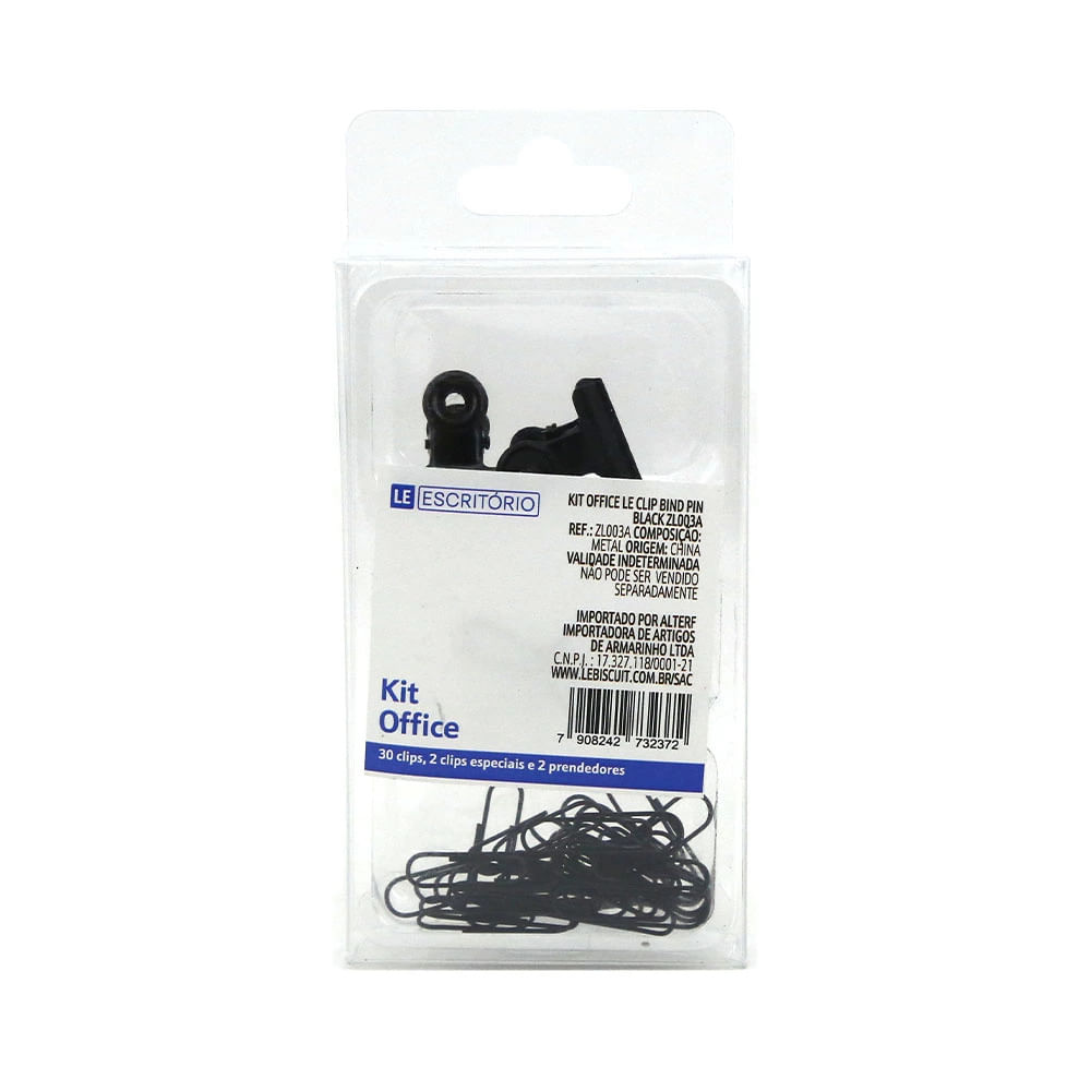 Kit Office Le Black com Binder Clip Cat 33mm, Binder Clip 22mm e Clip Paper 28mm 34 Peças