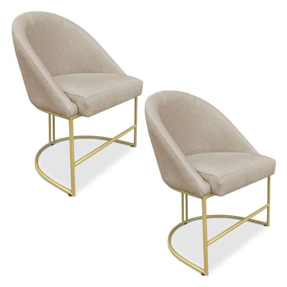 Kit 02 Cadeiras Poltrona De Jantar Bela Suede Base Metálica Industrial Dourado - Pallazio Bege